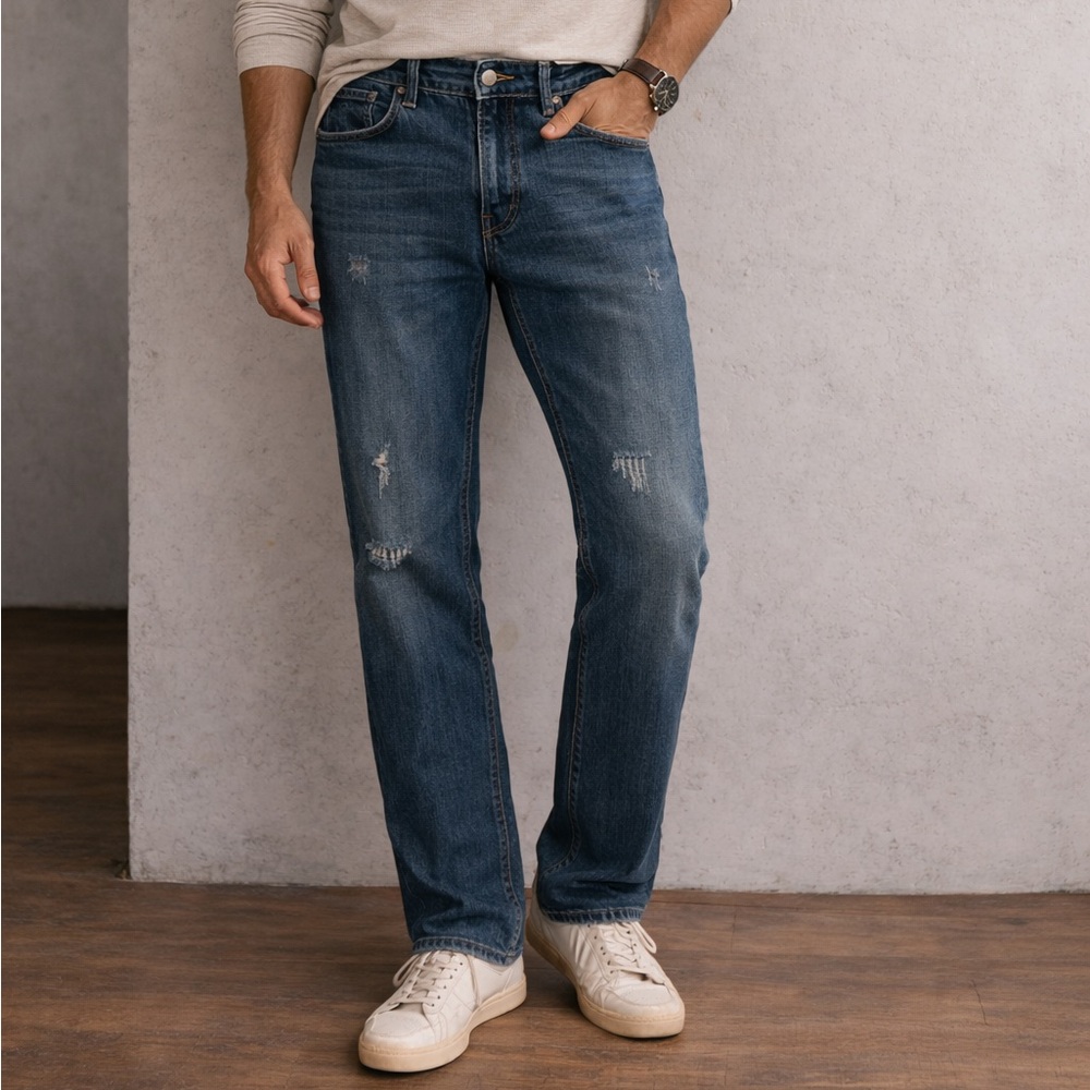 Men's Slim Straight Jeans in Dark Blue Wash - Classic Distressed Grunge 28/30